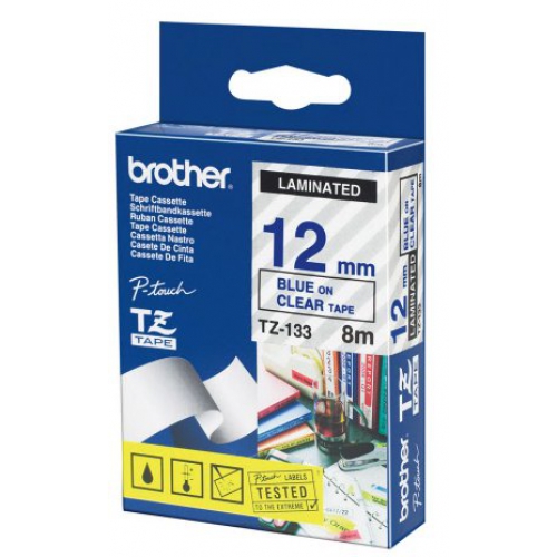 Nhãn Brother TZ133, Blue on Clear ( chữ Xanh da trời nền trong suốt), rộng 12mm