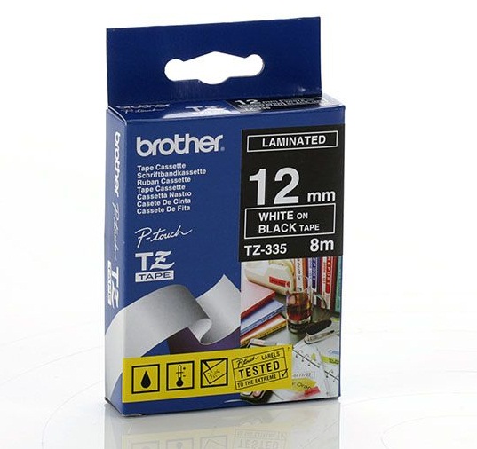 Nhãn Brother TZ335,  White on Black ( chữ trắng nền đen), rộng 12mm