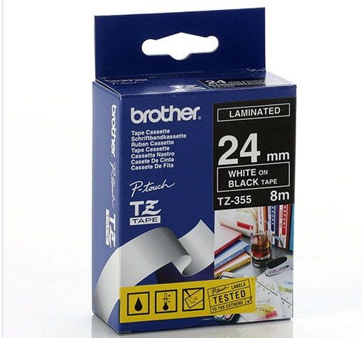 Nhãn Brother TZ355, White on Black ( chữ trắng nền đen), rộng 24mm