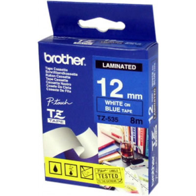 Nhãn Brother TZ535, White on Blue ( chữ trắng nền xanh da trời), rộng 12mm