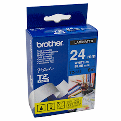 Nhãn Brother TZ555, White on Blue ( chữ trắng nền xanh da trời), rộng 24mm